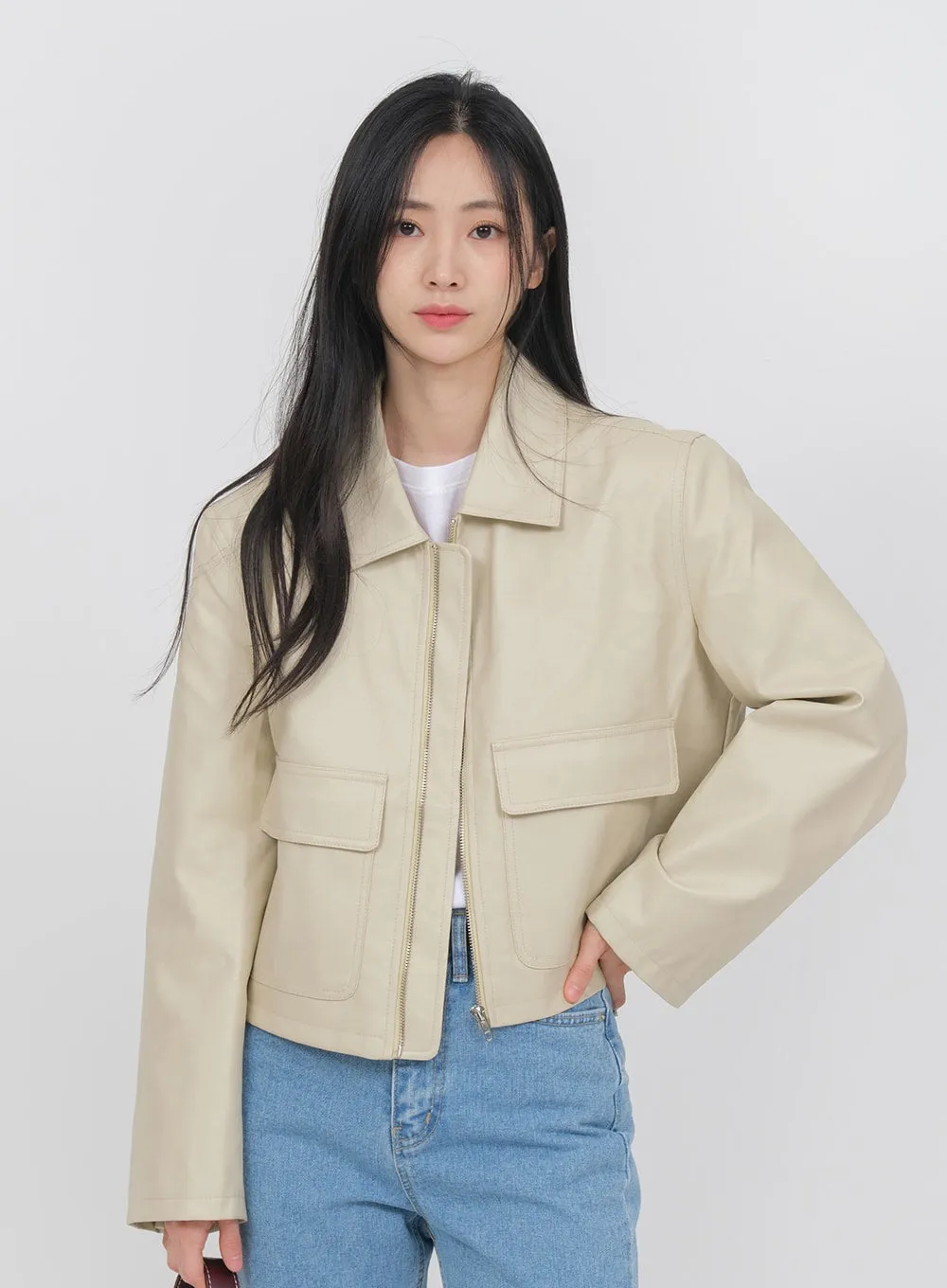Big Pocket Faux Leather Jacket OA01