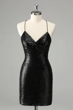 Black Bodycon Spaghetti Straps Sequins Short Homecoming Dress with Lace-up Back