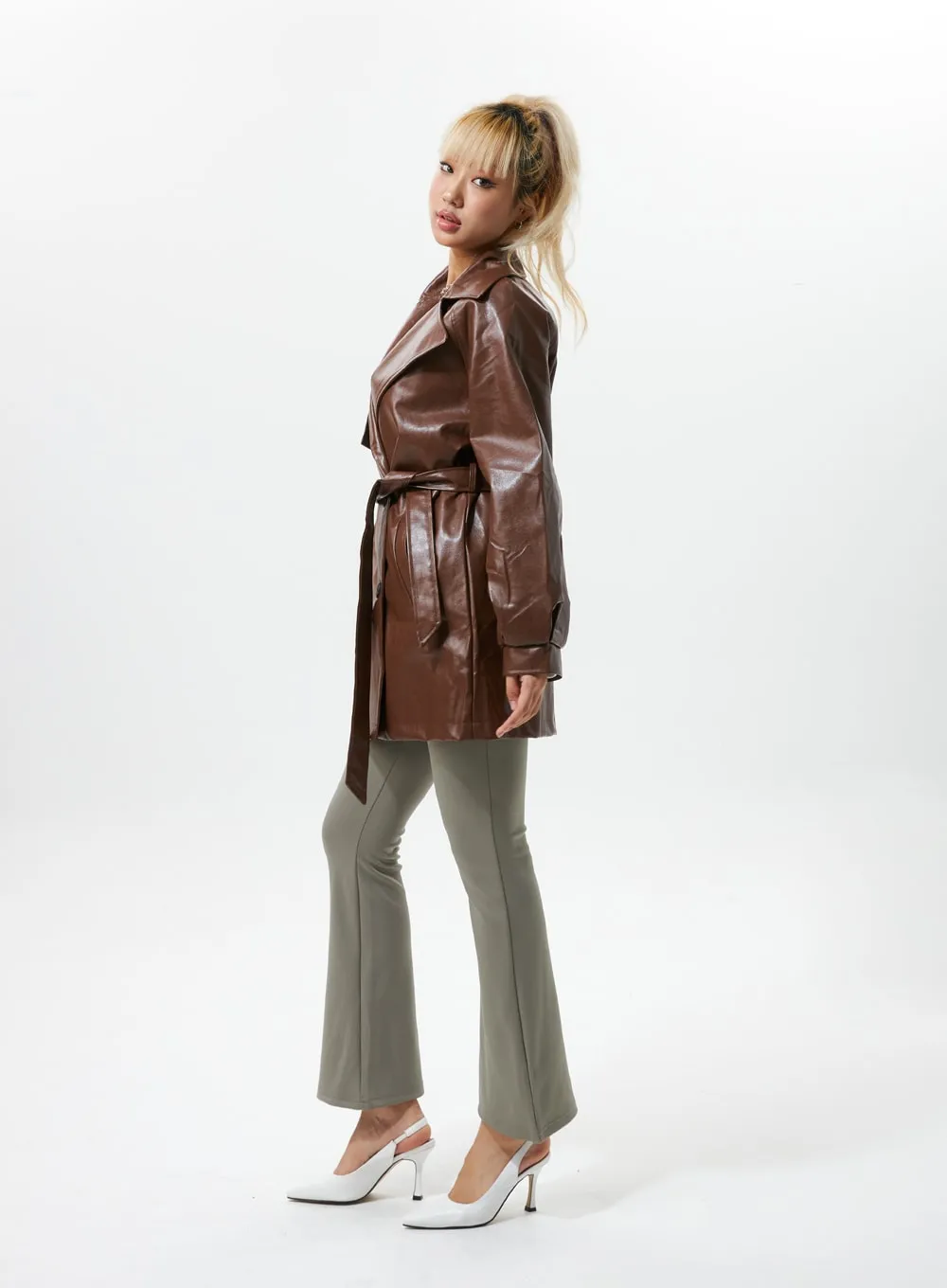 Buttoned Collar Faux Leather Jacket IS319