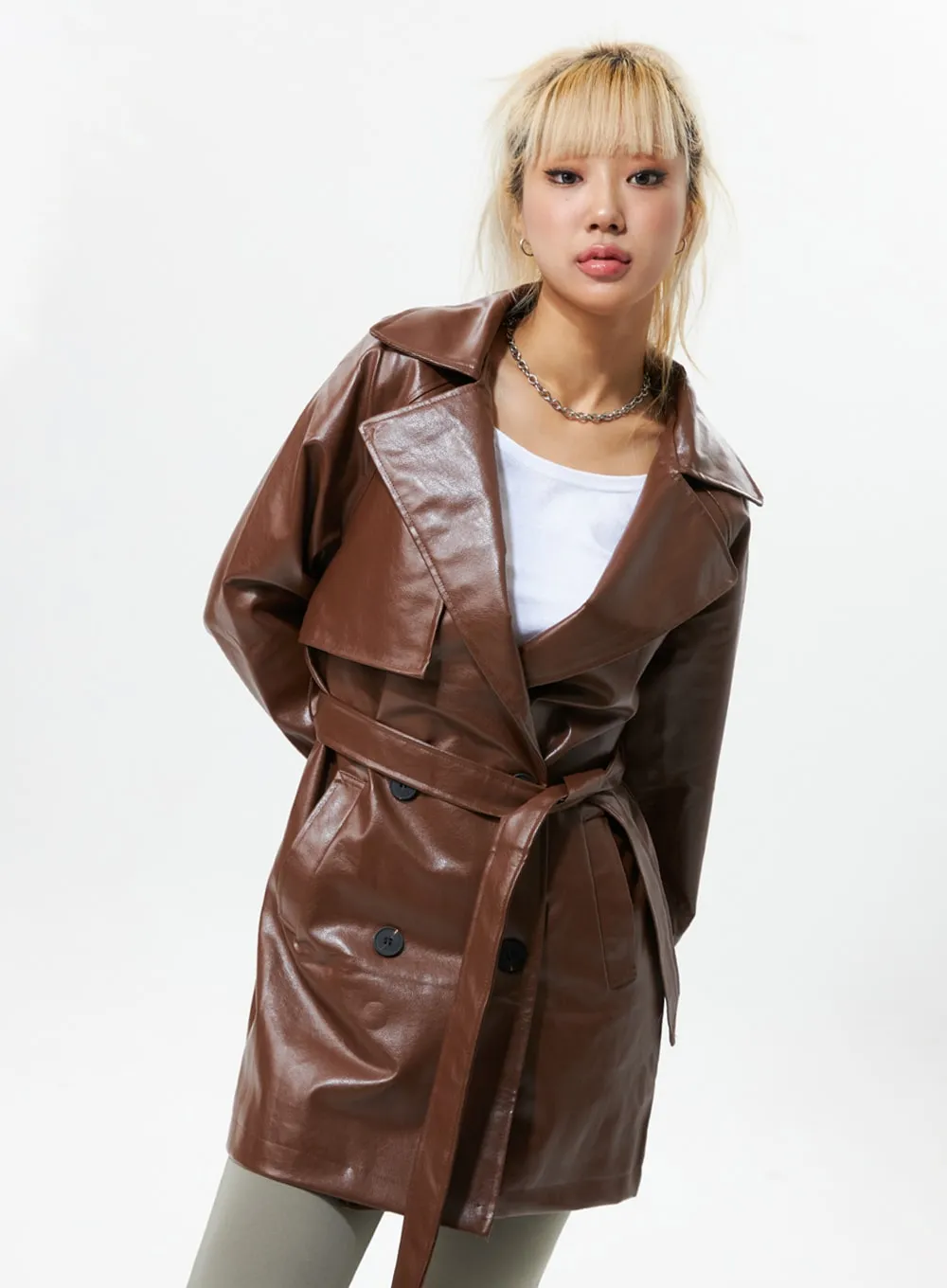 Buttoned Collar Faux Leather Jacket IS319