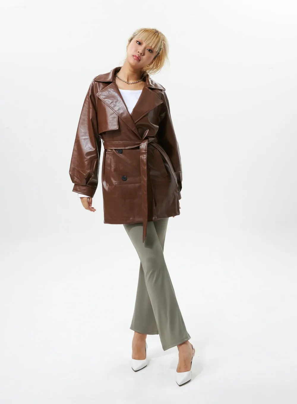 Buttoned Collar Faux Leather Jacket IS319