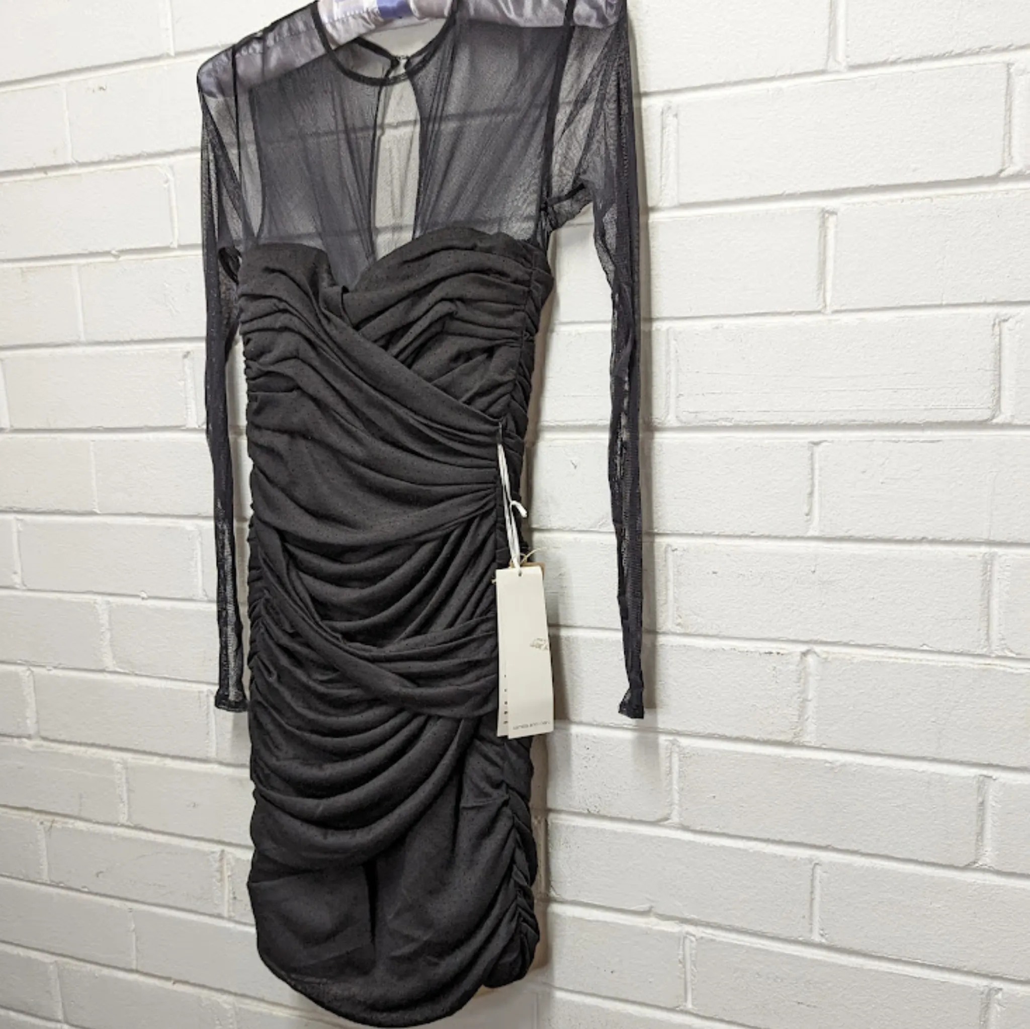 Camilla & Marc Black Sheer Sleeve Ruched Bodycon Mini Dress