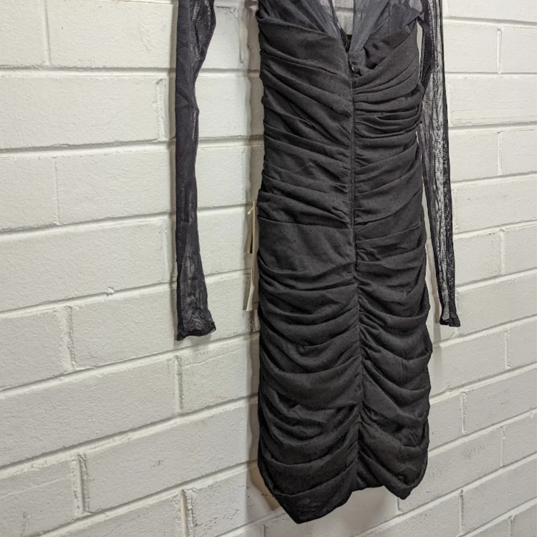 Camilla & Marc Black Sheer Sleeve Ruched Bodycon Mini Dress