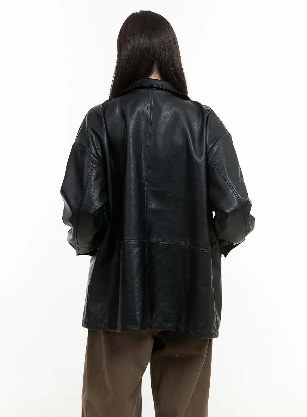Collar Buttoned Faux Leather Jacket OO416