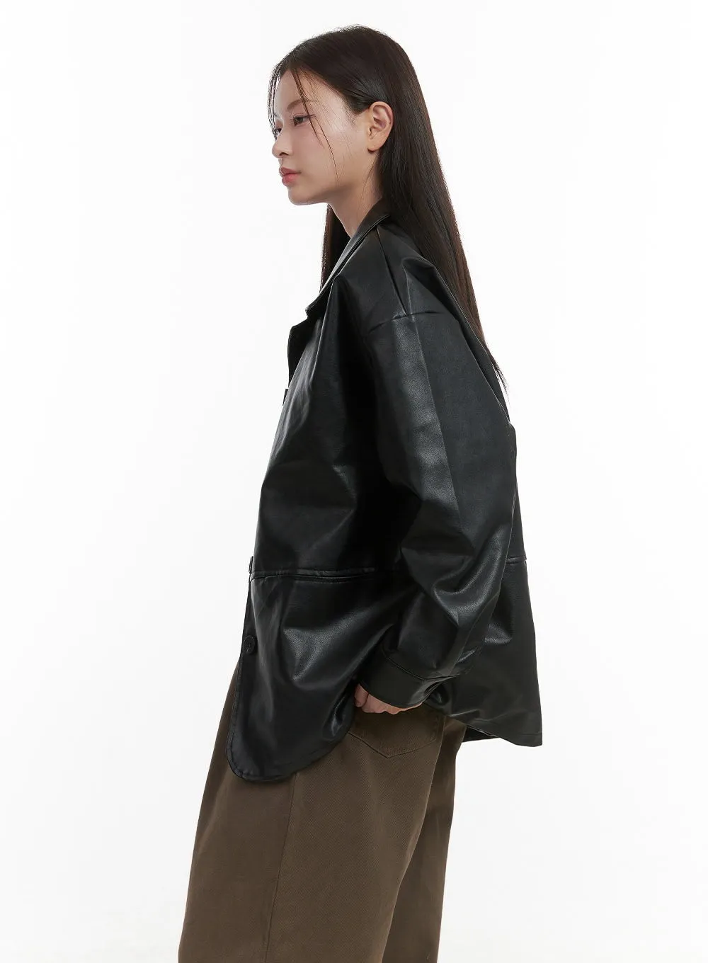 Collar Buttoned Faux Leather Jacket OO416