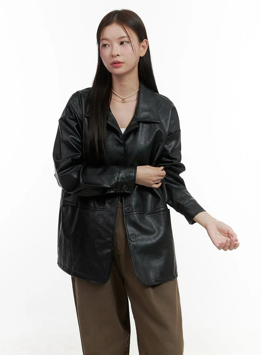 Collar Buttoned Faux Leather Jacket OO416