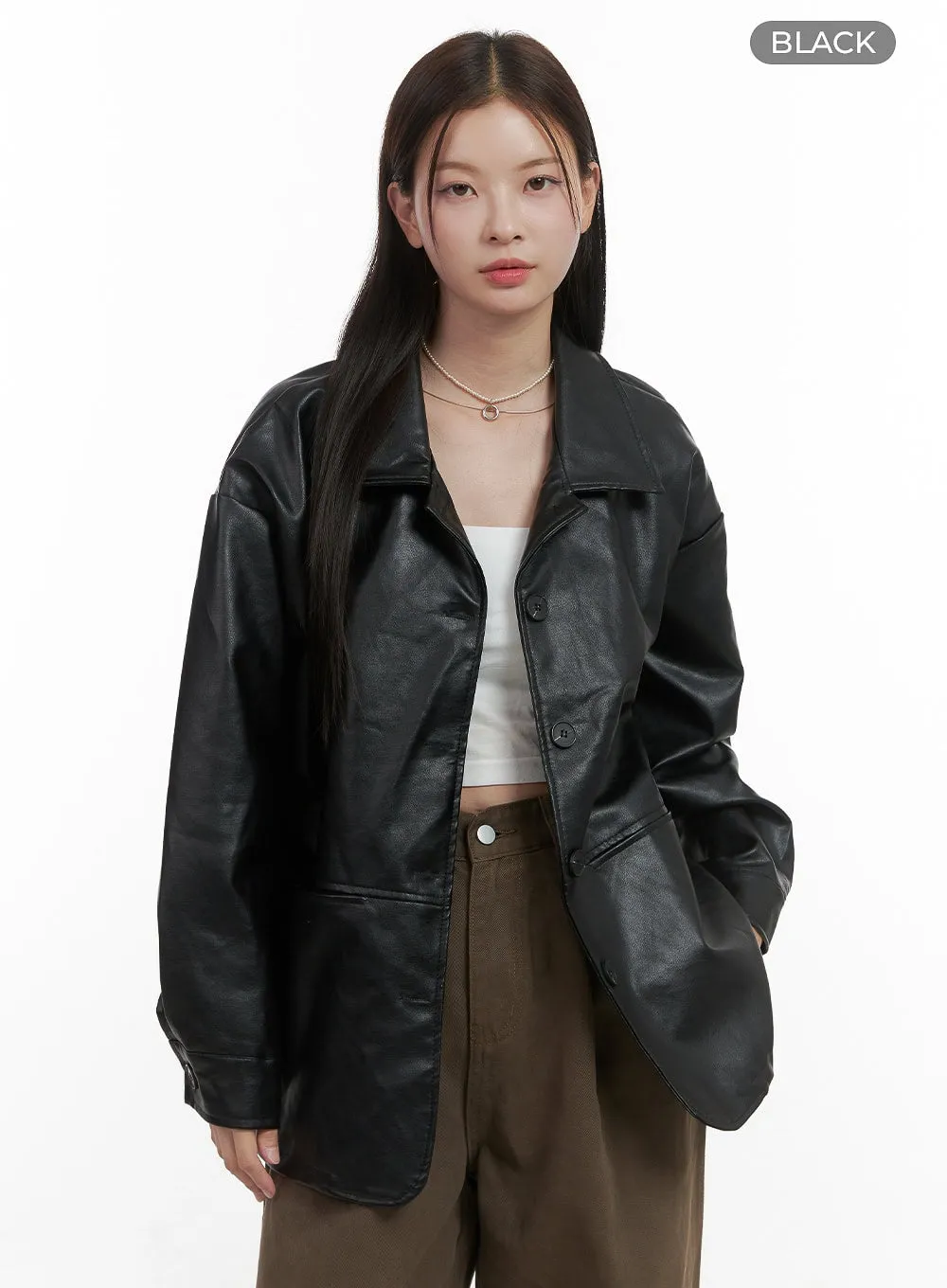 Collar Buttoned Faux Leather Jacket OO416