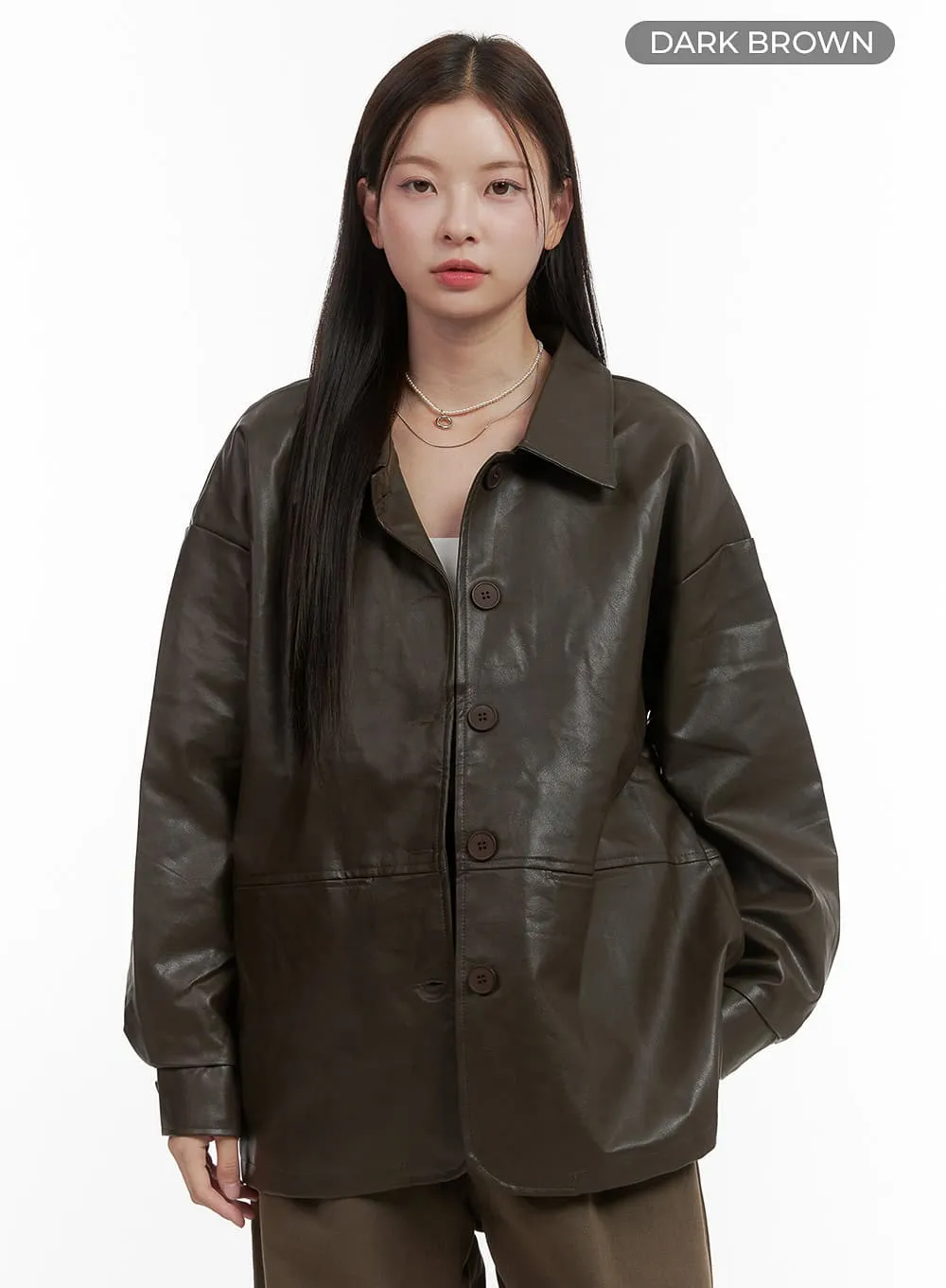 Collar Buttoned Faux Leather Jacket OO416
