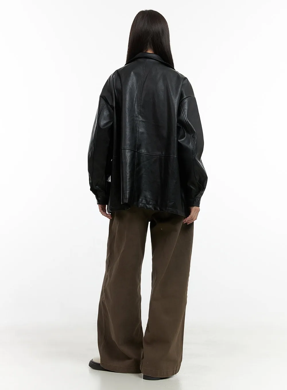 Collar Buttoned Faux Leather Jacket OO416