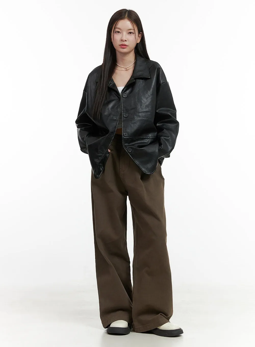 Collar Buttoned Faux Leather Jacket OO416