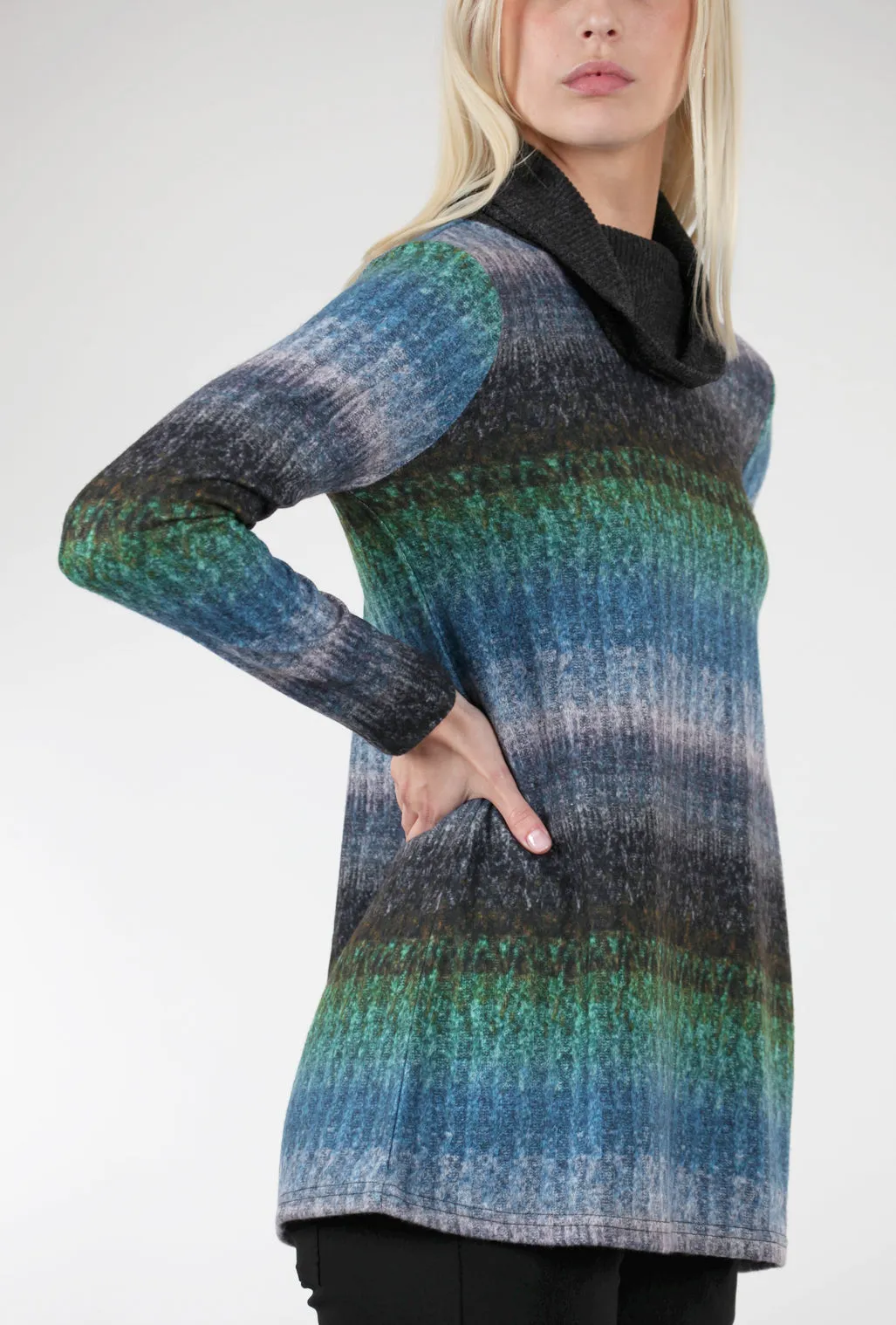 Faded-Stripes Cowl Tunic, Blue/Green