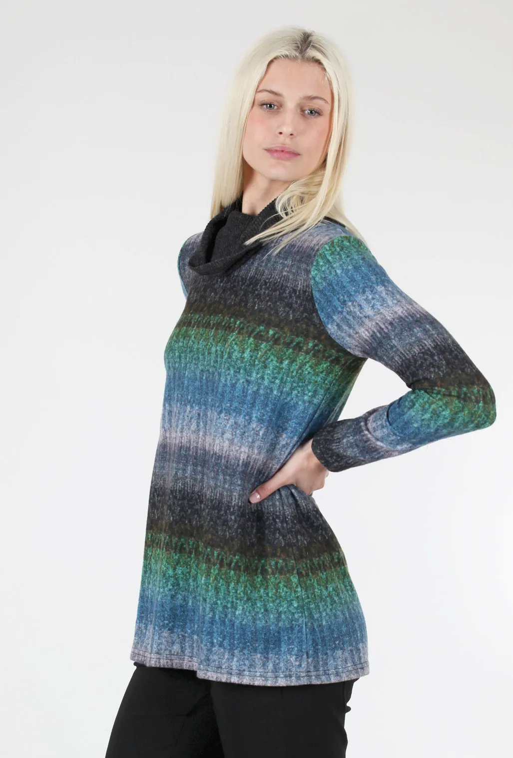 Faded-Stripes Cowl Tunic, Blue/Green