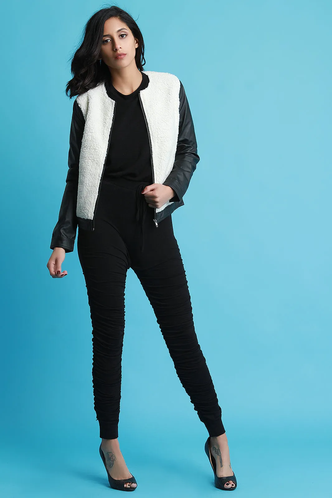 Faux Shearling Leather Sleeves Zip-Up Jacket
