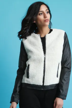 Faux Shearling Leather Sleeves Zip-Up Jacket