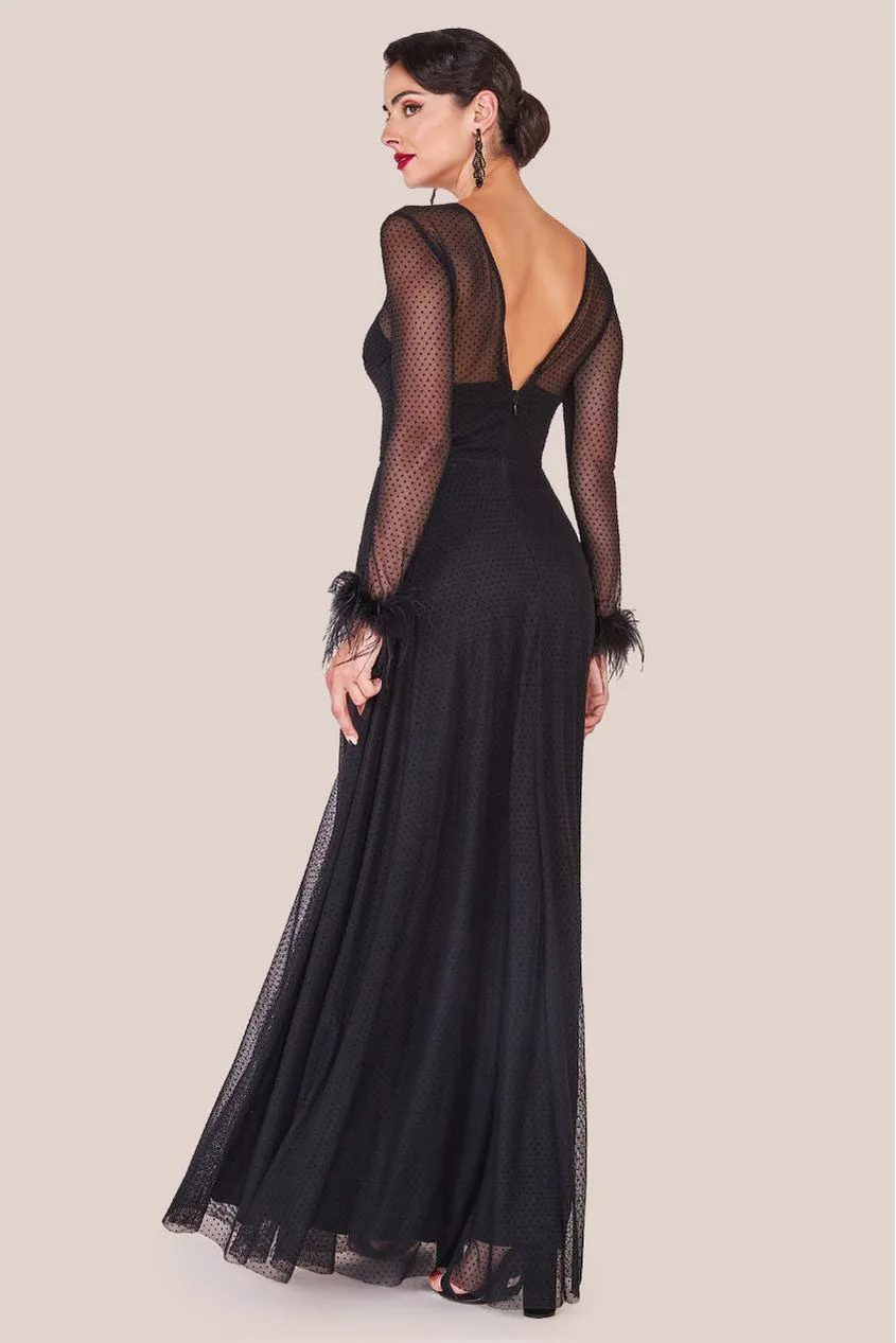 Goddiva Dobby Mesh Feather Sleeve Hem Maxi Dress - Black