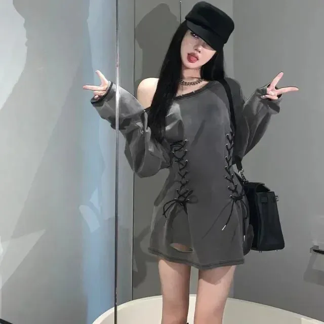Hnzxzm Fairycore Grunge Corset Dress Long Sleeve Women Aesthetic Y2k Fairy Goth Clothes Kawaii Bandage Bodycon Dresses Spring Autumn