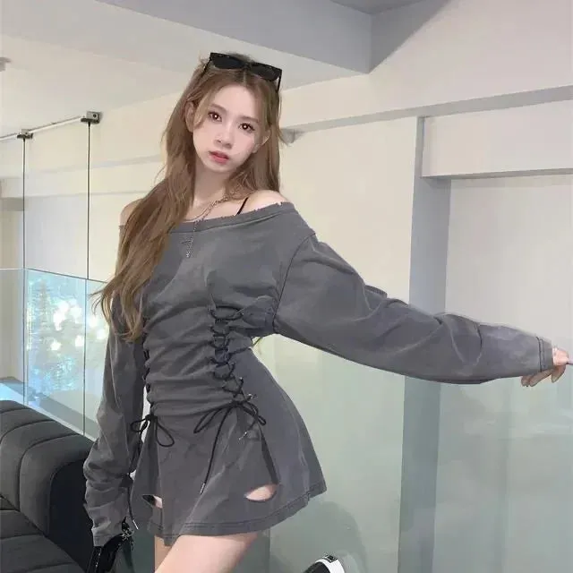 Hnzxzm Fairycore Grunge Corset Dress Long Sleeve Women Aesthetic Y2k Fairy Goth Clothes Kawaii Bandage Bodycon Dresses Spring Autumn