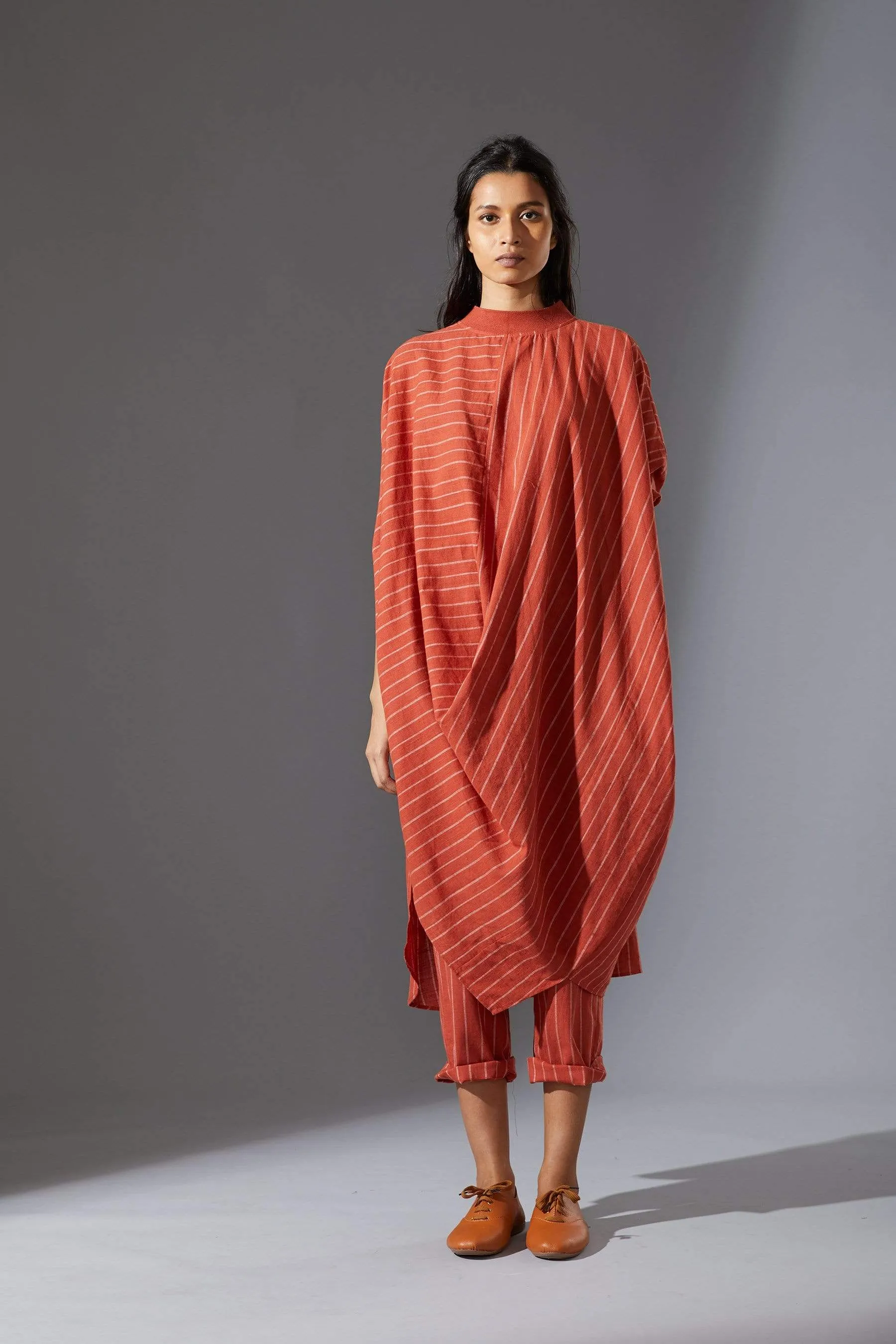Mati Ribbed Collar Rust Cowl Tunic Set with Pants