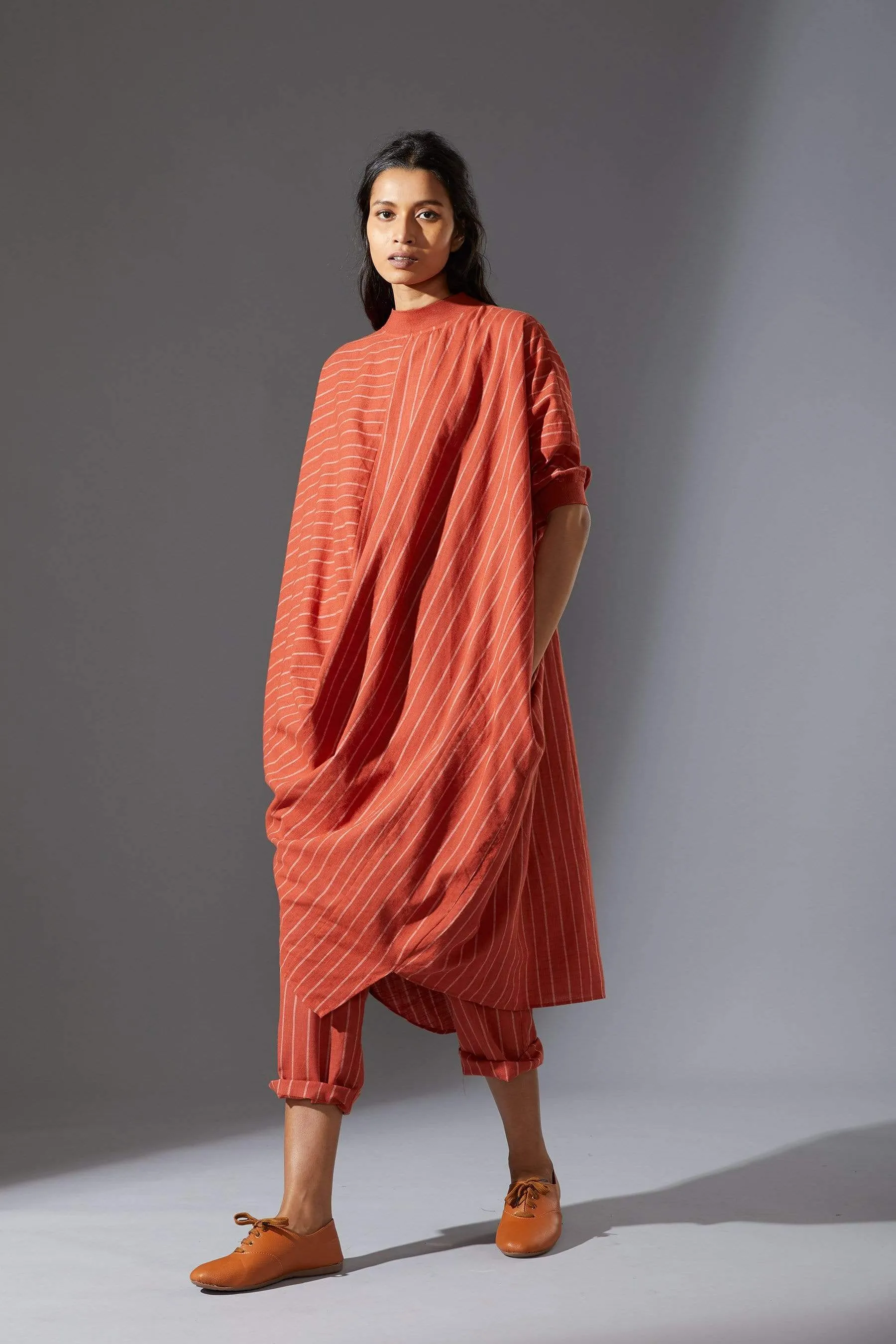 Mati Ribbed Collar Rust Cowl Tunic Set with Pants