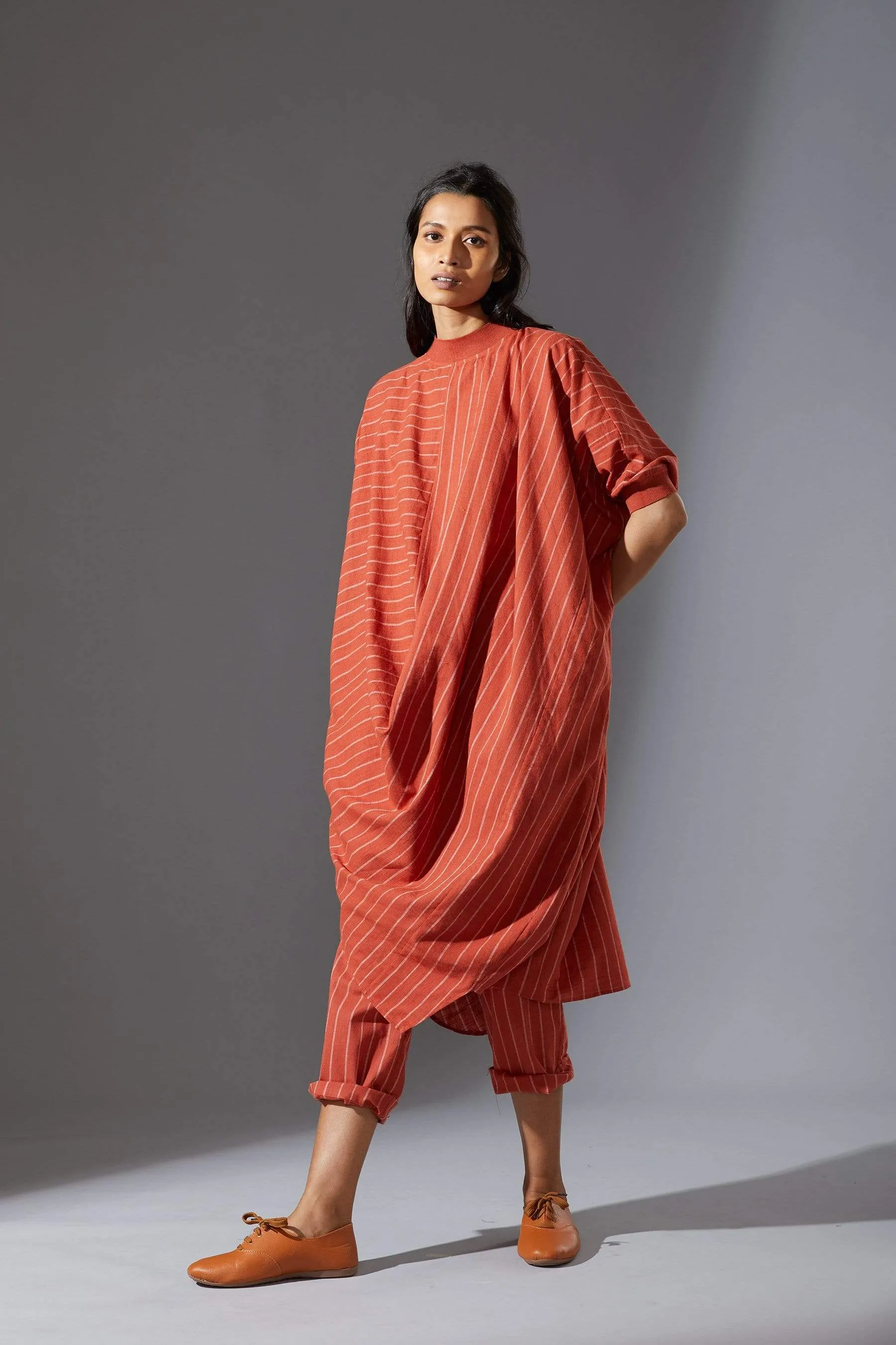 Mati Ribbed Collar Rust Cowl Tunic Set with Pants