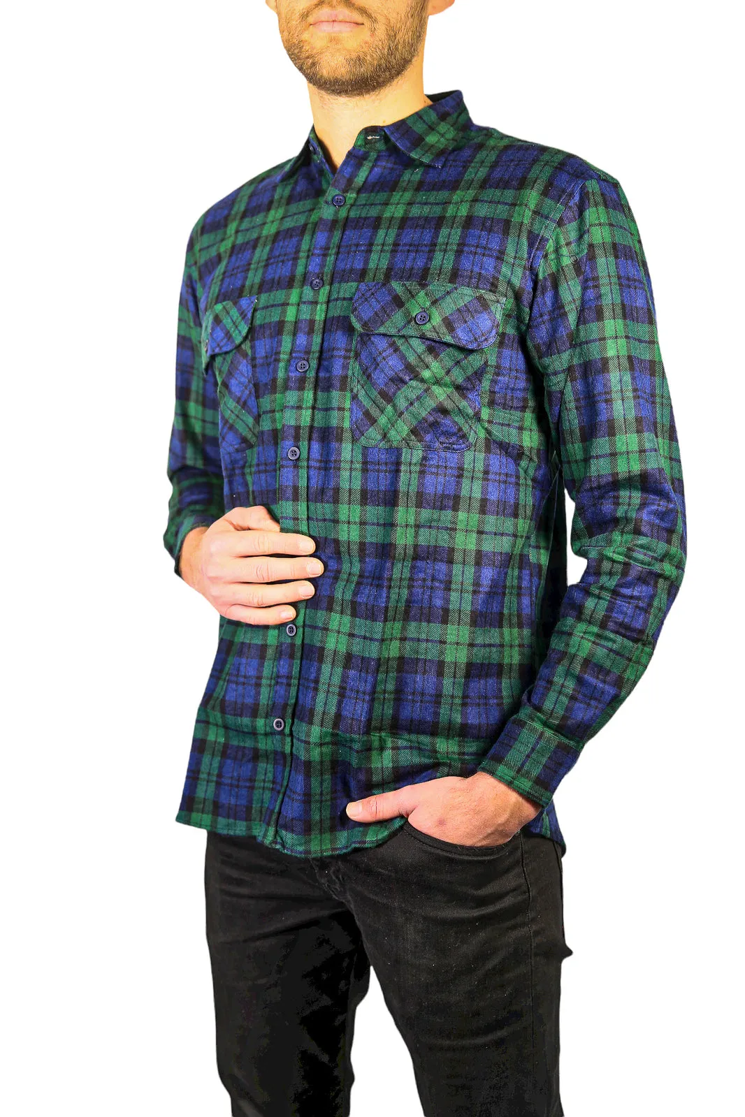 Mens Flannelette Long Sleeve Shirt 100% Cotton Check Authentic Flannel - Full Placket