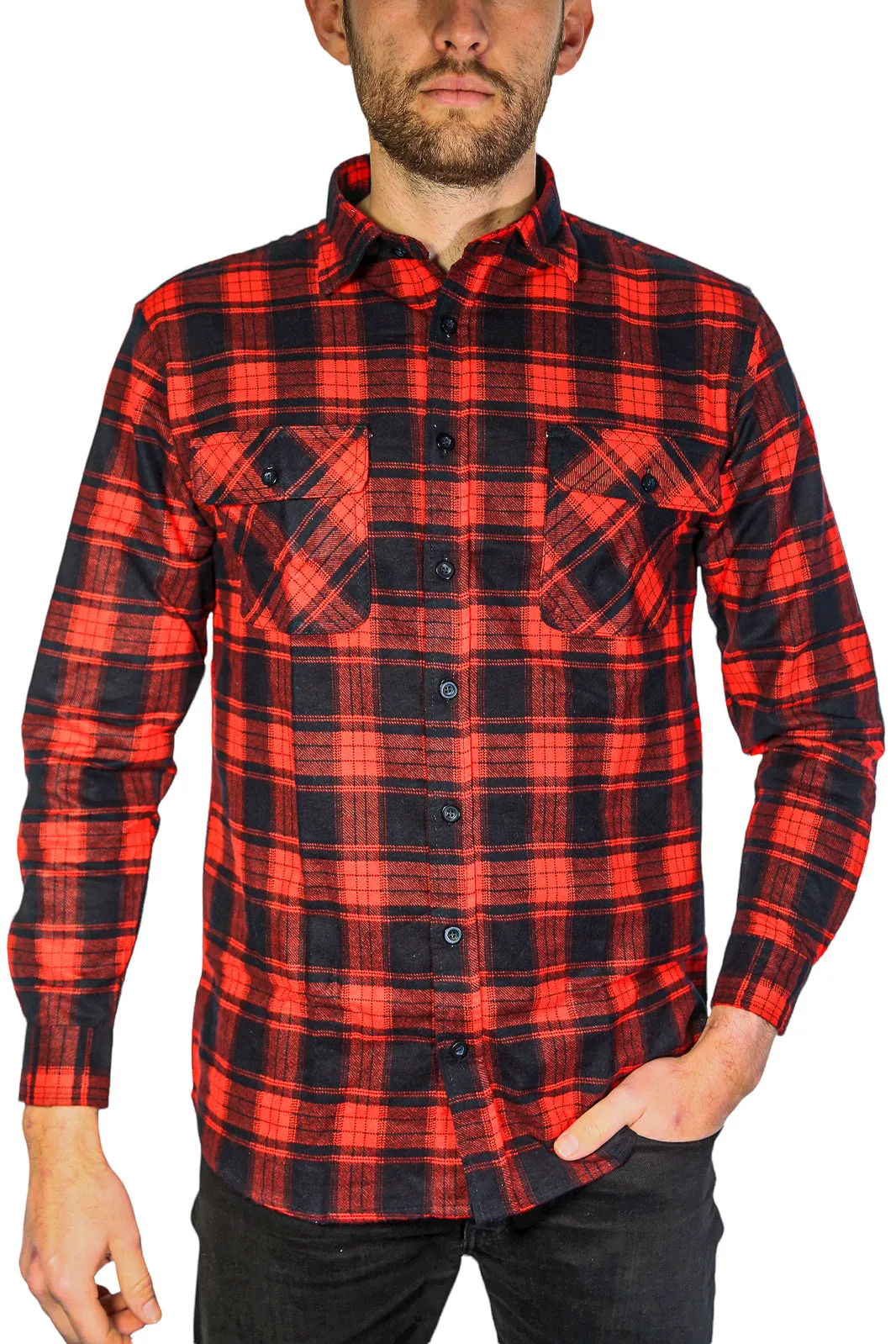 Mens Flannelette Long Sleeve Shirt 100% Cotton Check Authentic Flannel - Full Placket
