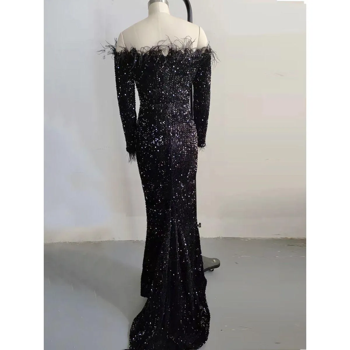 Missord Sexy Off Shoulder Feather Long Sleeve Sequin Dress Elegant Evening Floor Length Reflective Dresses Pure Black