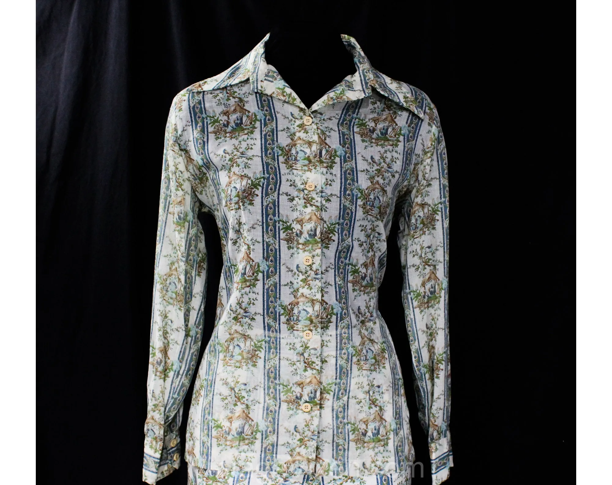 Size 8 Asian Chinoiserie Novelty Print Pant Set - 1960s Spring Cotton Pantsuit - Tunic, Shirt & Tailored Pant - 60s Deadstock - Waist 27