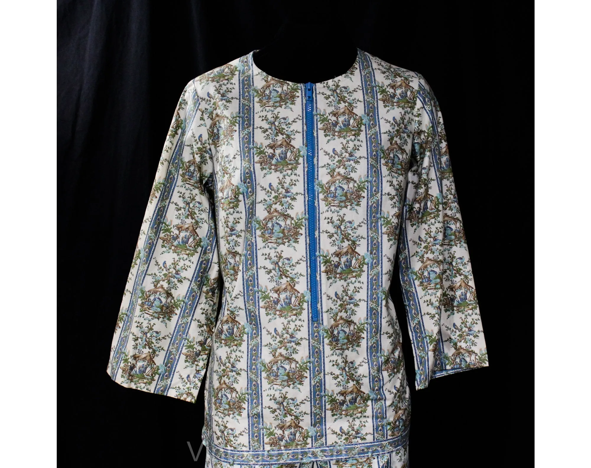 Size 8 Asian Chinoiserie Novelty Print Pant Set - 1960s Spring Cotton Pantsuit - Tunic, Shirt & Tailored Pant - 60s Deadstock - Waist 27