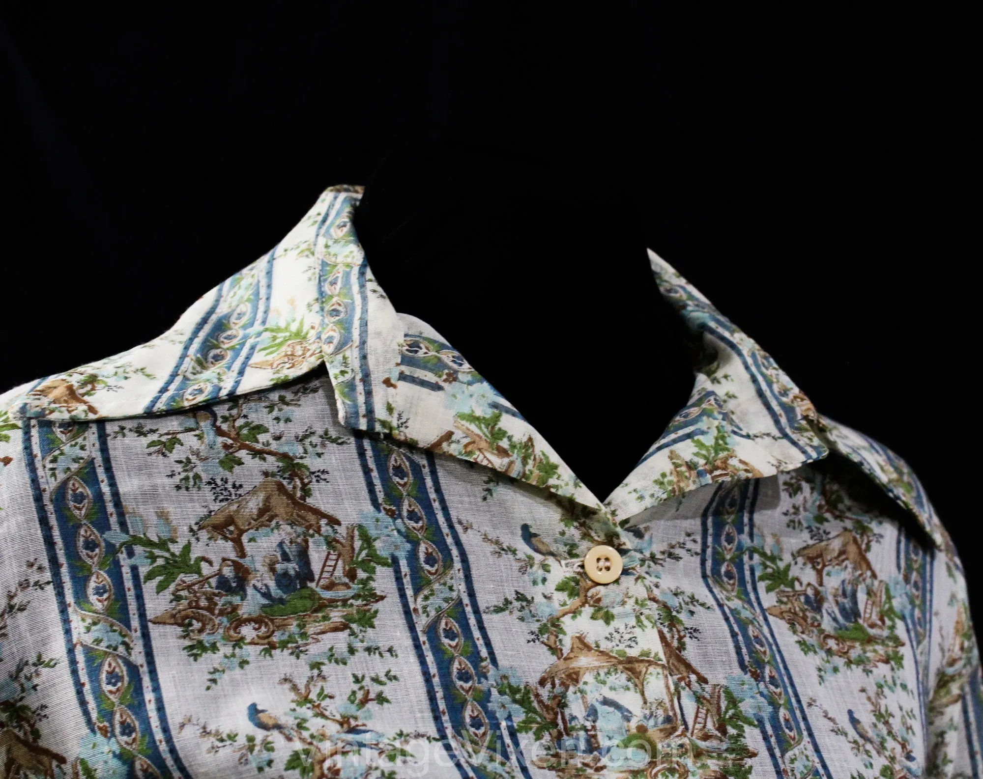 Size 8 Asian Chinoiserie Novelty Print Pant Set - 1960s Spring Cotton Pantsuit - Tunic, Shirt & Tailored Pant - 60s Deadstock - Waist 27