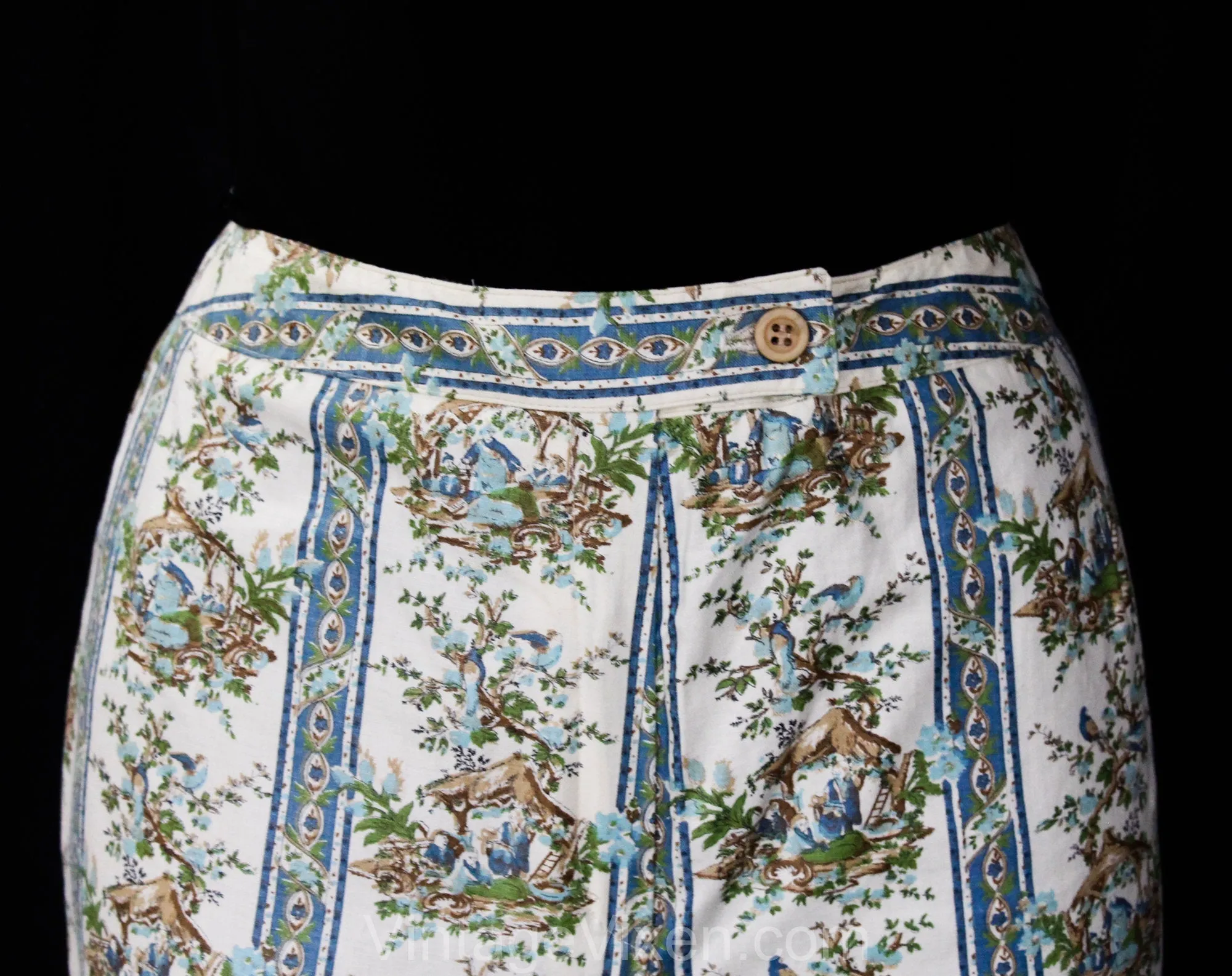 Size 8 Asian Chinoiserie Novelty Print Pant Set - 1960s Spring Cotton Pantsuit - Tunic, Shirt & Tailored Pant - 60s Deadstock - Waist 27