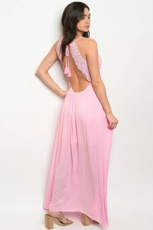 Soft Pink Babydoll Lace Accent Maxi Dress