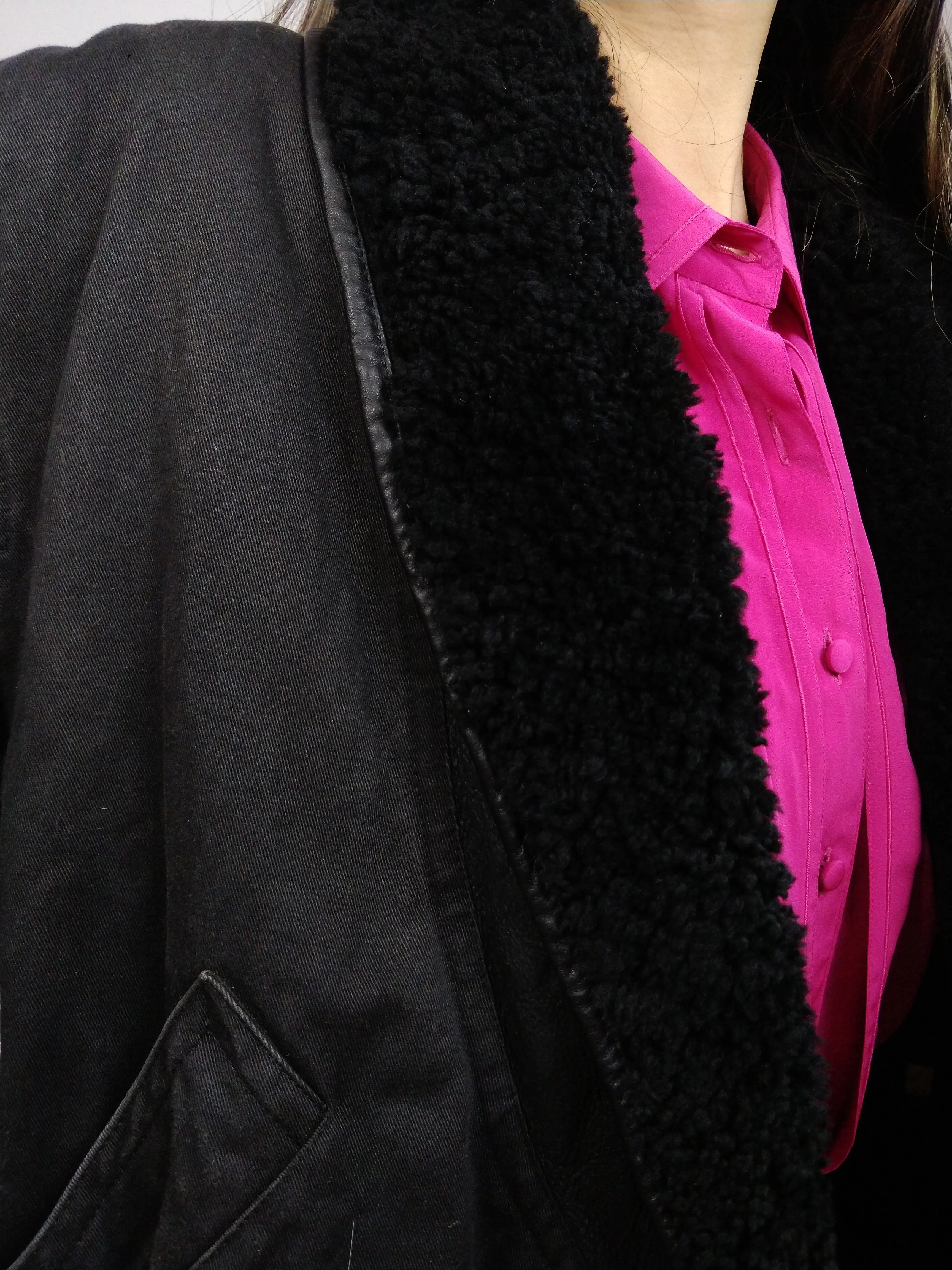 The Black Faux Sherpa Coat | Vintage cotton winter coat with faux sherpa collar lined padded faux shearling coat jacket M