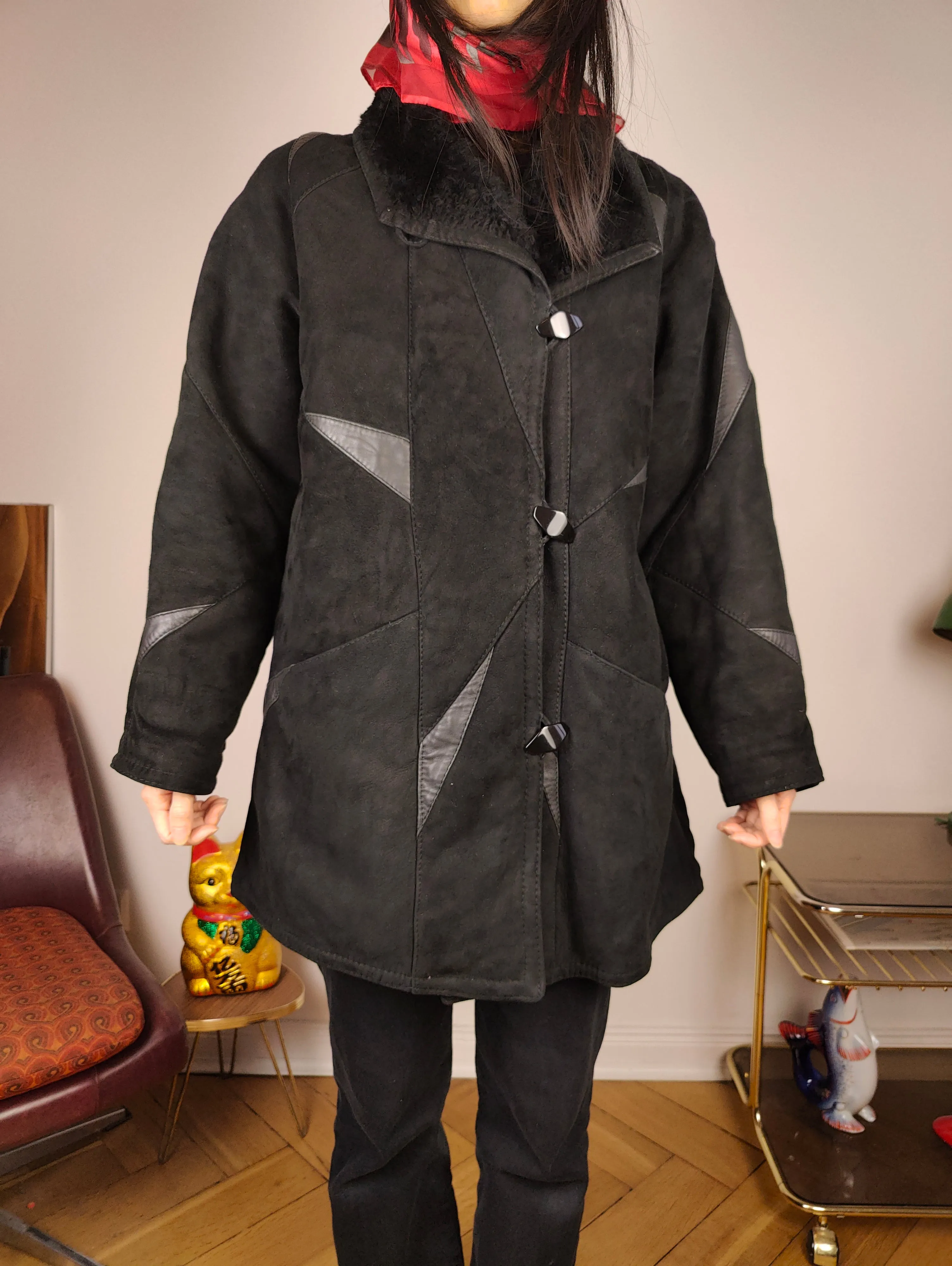 Vintage shearling coat S | black lambskin sheepskin leather sherpa jacket women