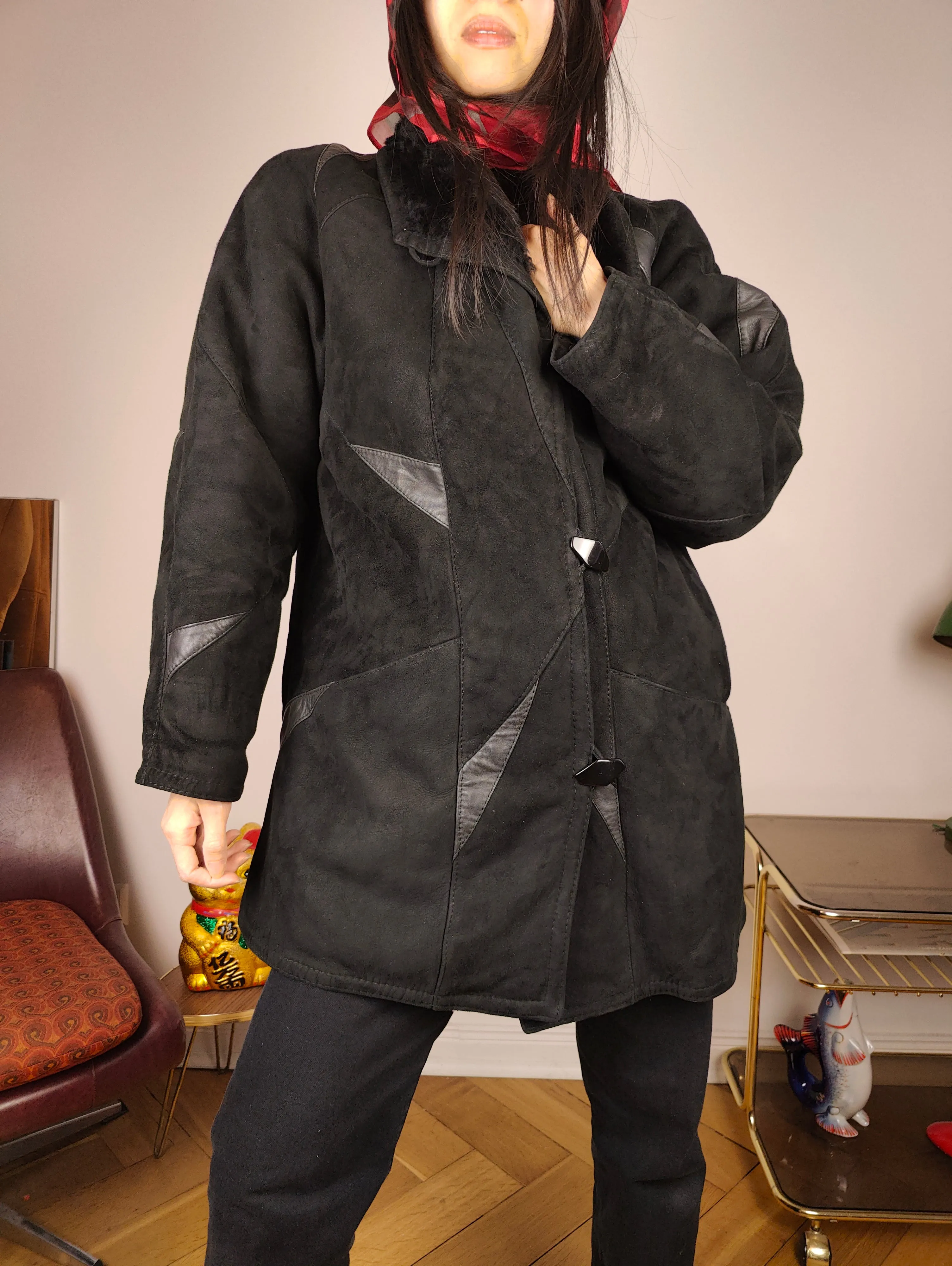 Vintage shearling coat S | black lambskin sheepskin leather sherpa jacket women