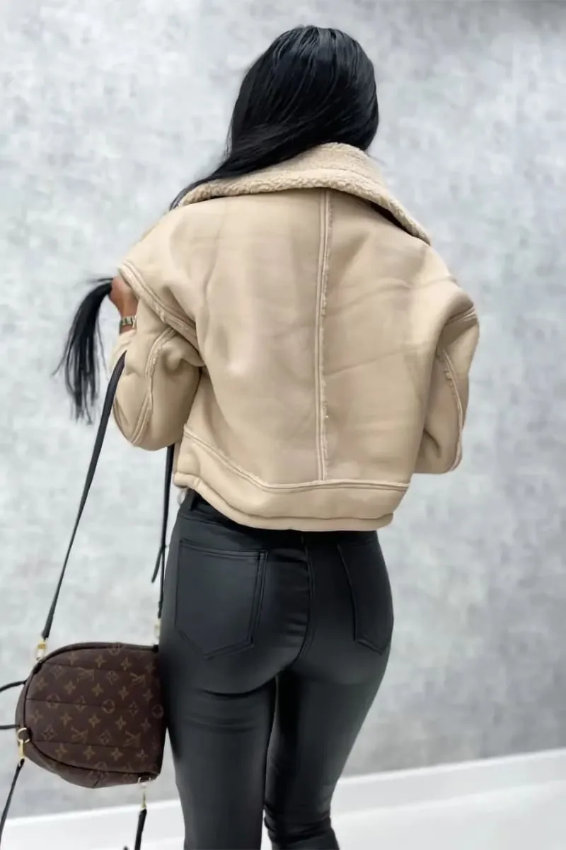 Women's Beige Leather Shearling Aviator Cropped Jacket