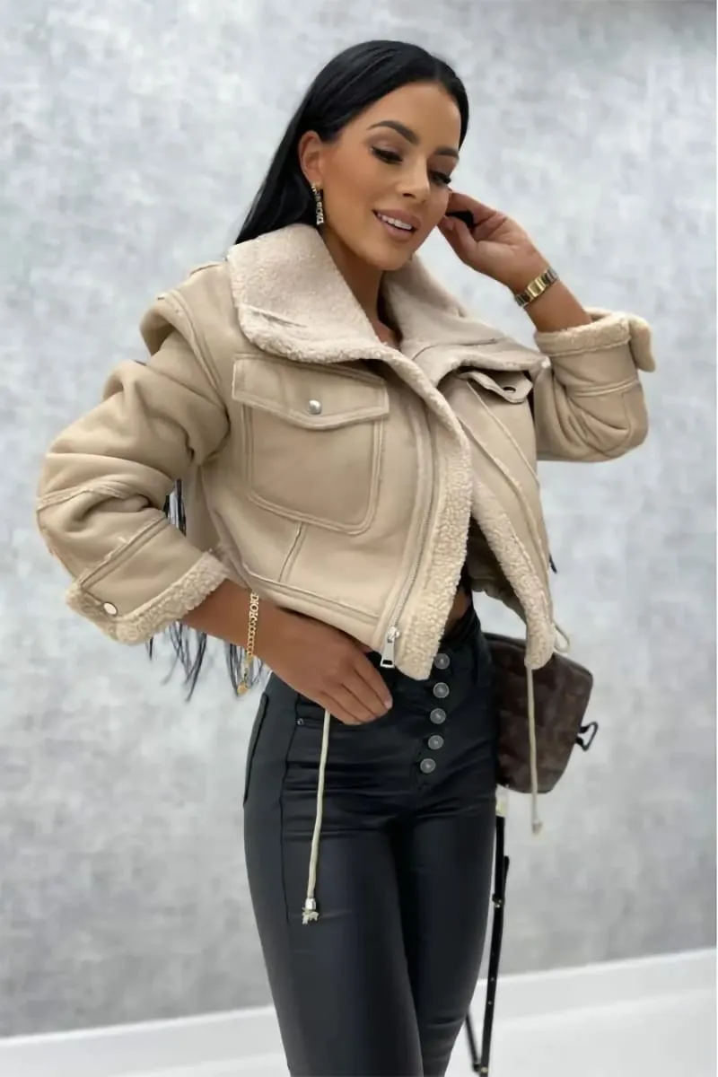 Women's Beige Leather Shearling Aviator Cropped Jacket