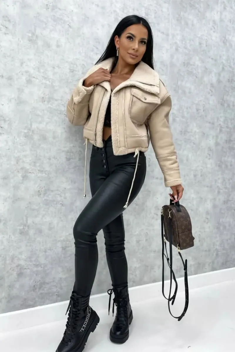 Women's Beige Leather Shearling Aviator Cropped Jacket