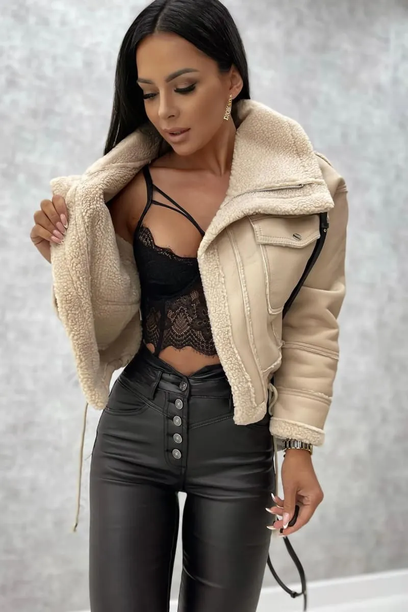 Women's Beige Leather Shearling Aviator Cropped Jacket